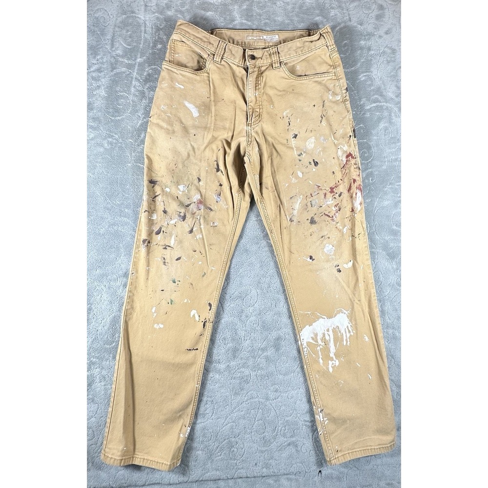 Carhartt Carpenter Pant Men 33x34 Beige Paint Splatter Grunge Relaxed Canvas